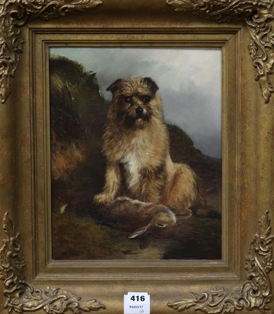 After Armfield, oil on canvas, Border terrier with a dead rabbit, 33 x 27cm